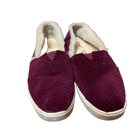 TOMS Womens Alpargata Burgundy Red Faux Fur Lined Corduroy Flat Loafer Slip On 9 - Picture 2 of 9